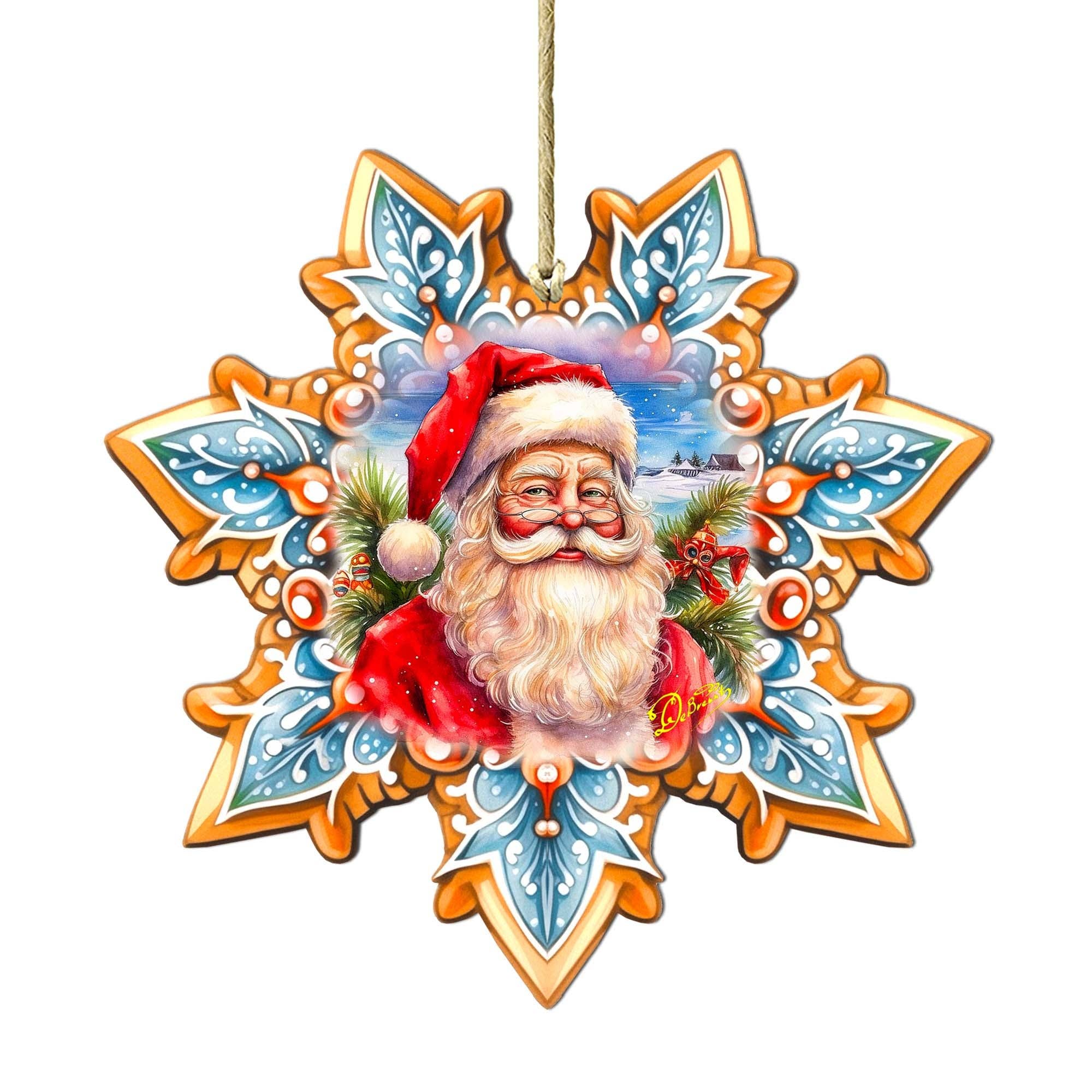 The "Ornament: Santa Snowflake Wood Ornaments GDebrekht" is a handcrafted wooden piece, exquisitely shaped like a snowflake and adorned with a beautiful illustration of Santa Claus in a red hat surrounded by festive decorations.