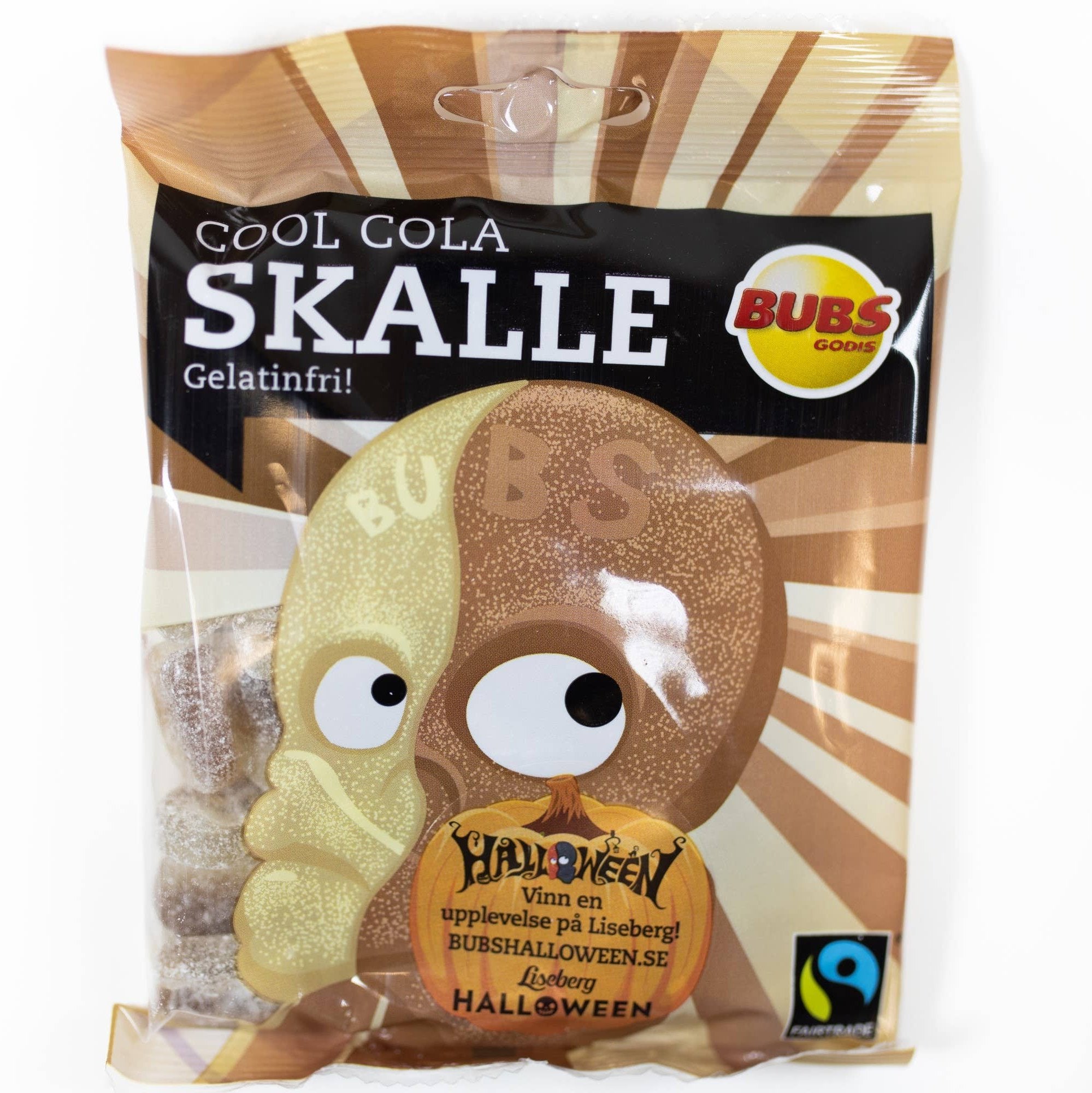 The Bubs Skalle - Sour Cola Skulls (90g) come in a Halloween-themed package, perfectly capturing the essence of Swedish candy. These sour cola-flavored gummy skulls will add a zesty twist to your spooky celebrations.