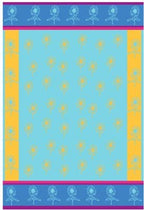The Tea Towel: Turquoise-Yellow Mini Sunflowers Jacquard Tea Towel features a sunflower design with yellow flowers on a light blue background, bordered by sections embellished with delicate blue floral motifs in yellow, pink, and blue.