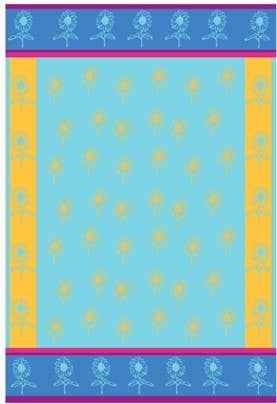 The Tea Towel: Turquoise-Yellow Mini Sunflowers Jacquard Tea Towel features a sunflower design with yellow flowers on a light blue background, bordered by sections embellished with delicate blue floral motifs in yellow, pink, and blue.