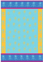 The Tea Towel: Turquoise-Yellow Mini Sunflowers Jacquard Tea Towel features a sunflower design with yellow flowers on a light blue background, bordered by sections embellished with delicate blue floral motifs in yellow, pink, and blue.