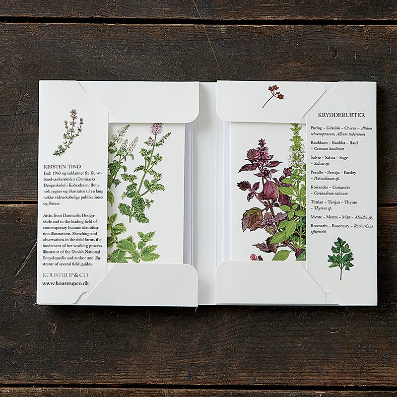 The Card Pack: Herbs, featuring eight images with envelopes in a cardfolder, showcases two seed packets elegantly arranged within a white folder adorned with herb motifs and descriptive text about the plants. Printed on FSC paper, the cardfolder gracefully rests on a wooden surface, highlighting its eco-friendly appeal.