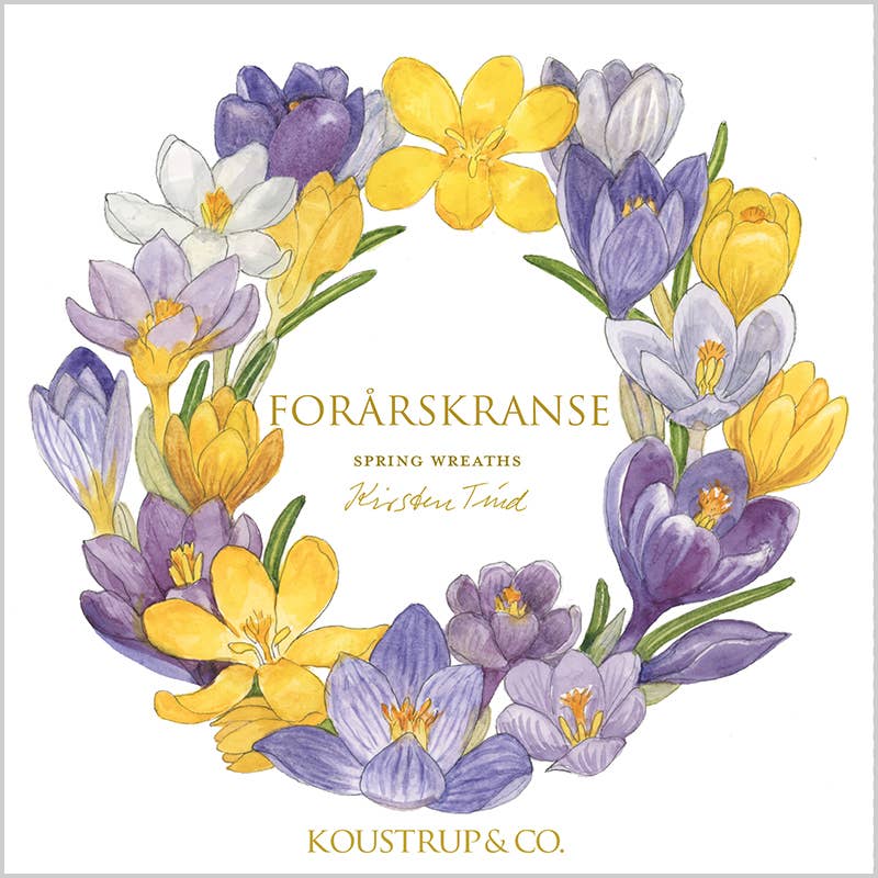 An illustrated card pack featuring a wreath of yellow, purple, and white flowers with gold printing, titled "FORÅRSKRANSE SPRING WREATHS KOUSTRUP & CO - Card Pack: Spring Wreaths - Square Card Folder with 8 Cards.