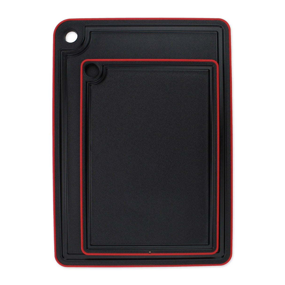 The Swedish Mimi Cutting Board Jr. set includes two black rectangular boards with a non-slip rim, red trim, juice groove around the edge, and a corner hole for hanging.