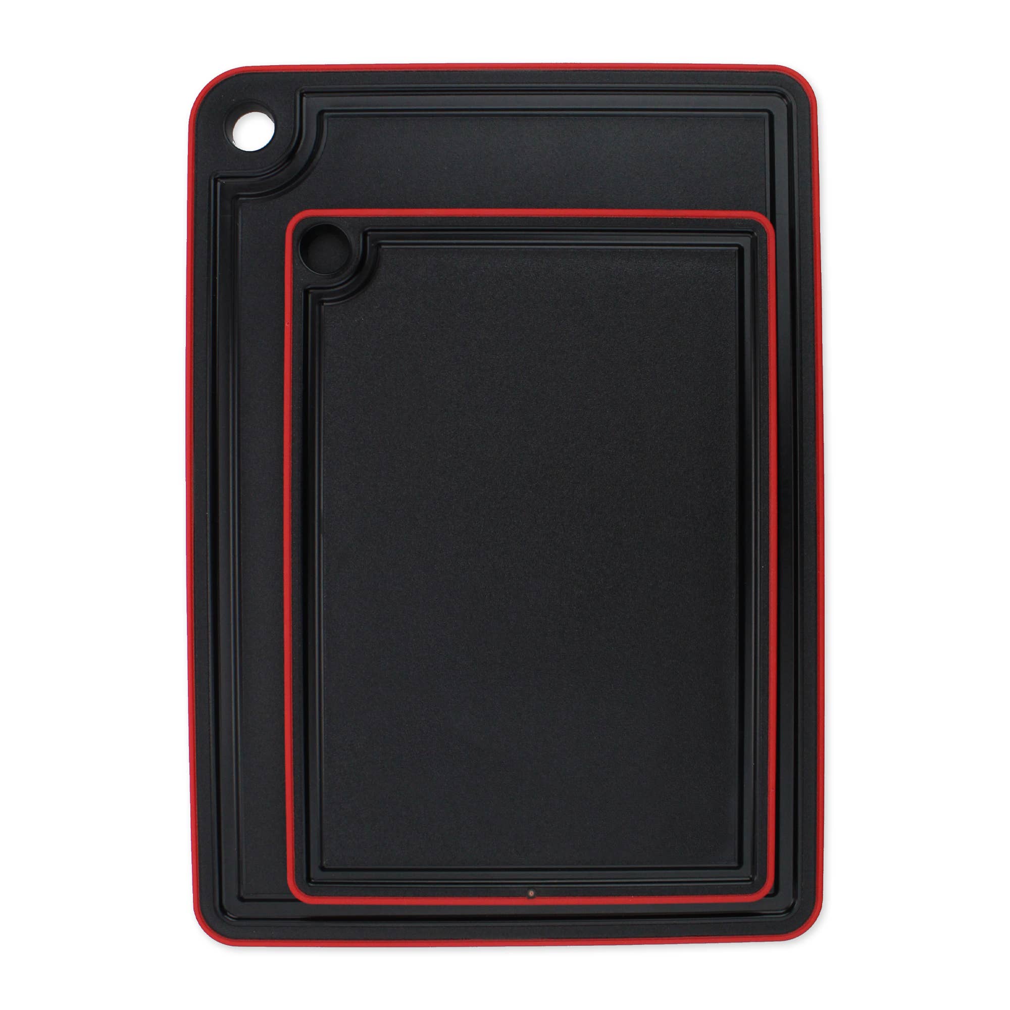 The Swedish Mimi Cutting Board Jr. set includes two black rectangular boards with a non-slip rim, red trim, juice groove around the edge, and a corner hole for hanging.