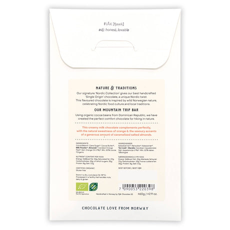 Back of the Fjak Milk Chocolate Mountain Trip (Orange & Almonds) 50% Norwegian Chocolate 60g bar featuring a bean-to-bar description, ingredients, nutrition facts, barcode, and sustainability certification logos.