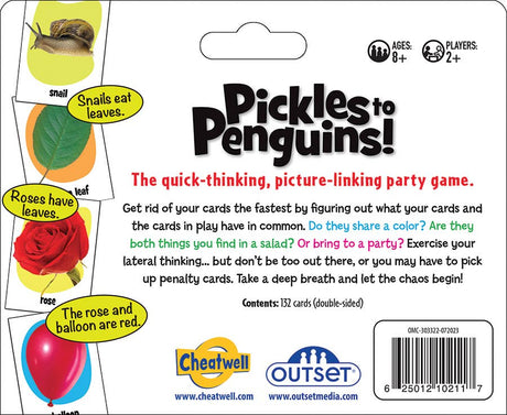 The back of a Pickles to Penguins! The Fast-Paced Game of Wild Connections Travel Game box displays game details, age range, player count, description, sample cards, and company logos.