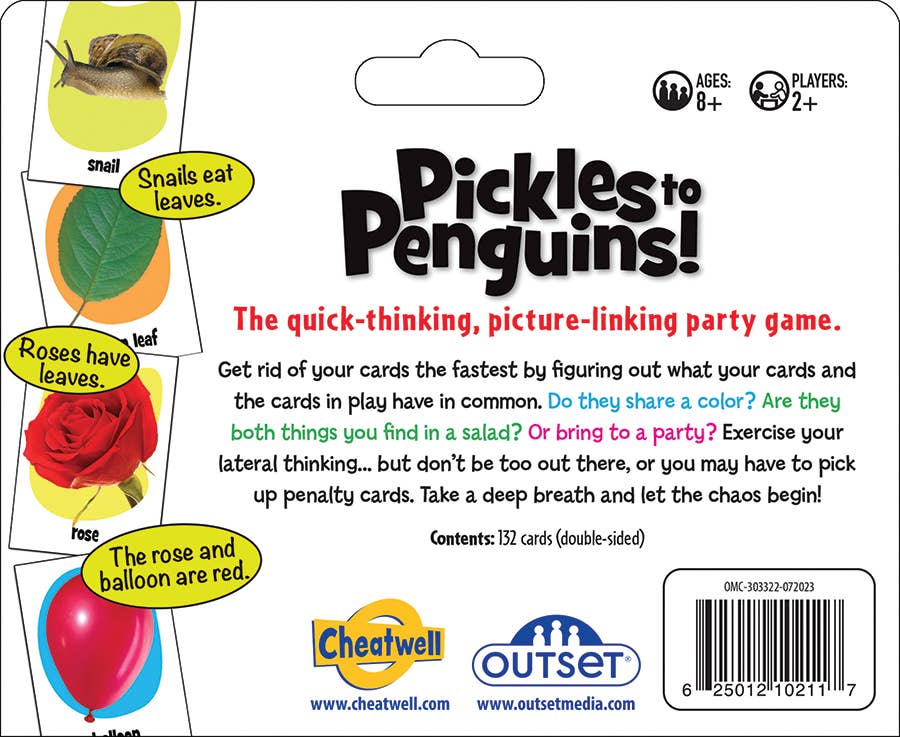 The back of a Pickles to Penguins! The Fast-Paced Game of Wild Connections Travel Game box displays game details, age range, player count, description, sample cards, and company logos.