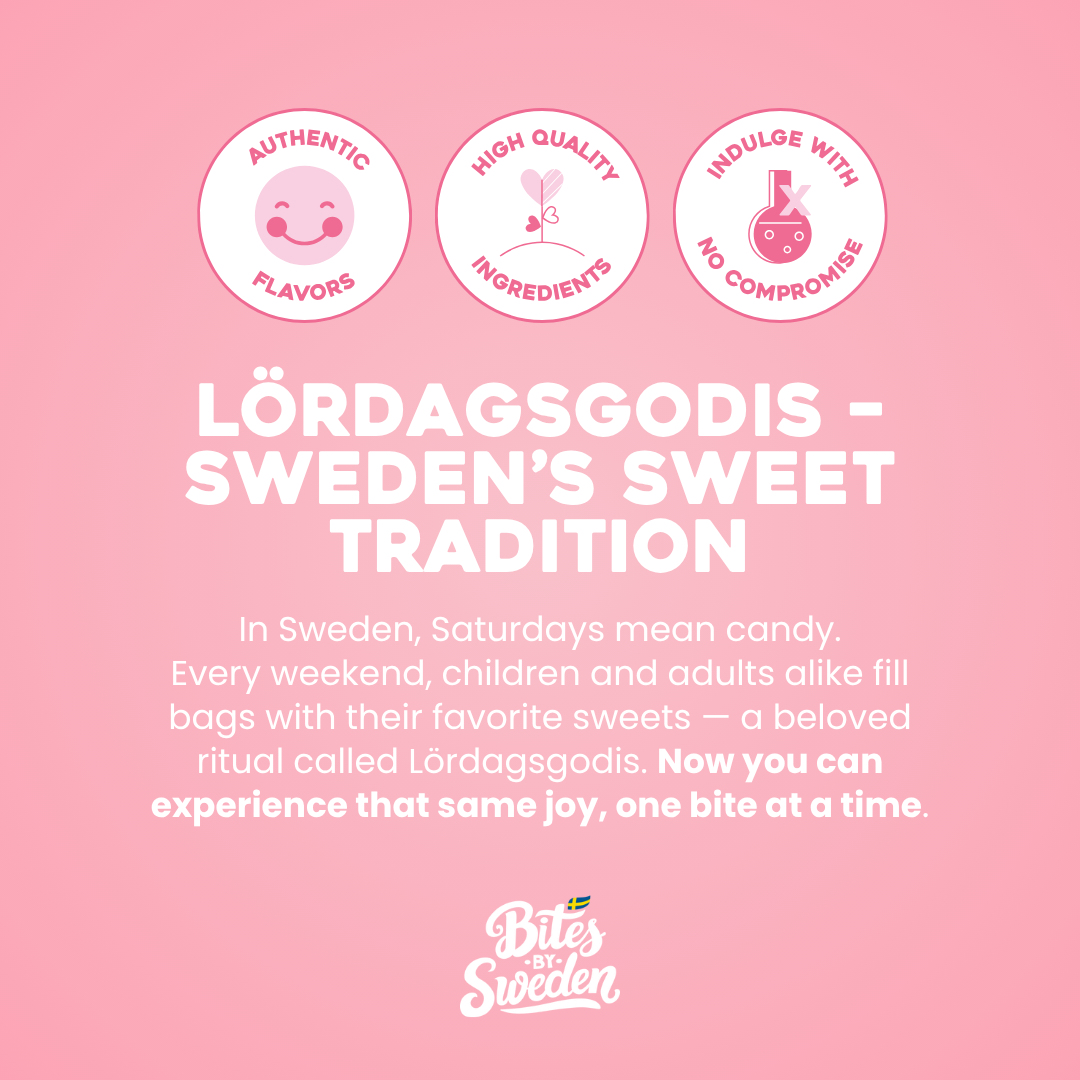 Pink background with assorted candy icons and the text “Bites of Sweden’s Lördagsgodis tradition” in bold letters.