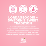 Pink background with assorted candy icons and the text “Bites of Sweden’s Lördagsgodis tradition” in bold letters.