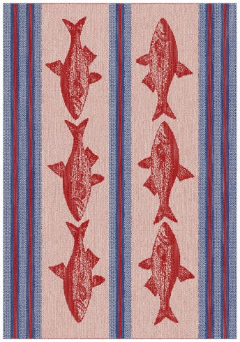 The "Tea Towel: Small Fish" showcases a textile design with six small red fish organized in two columns against a beige background, accented by vertical blue stripes. This pattern adds a touch of aquatic charm to your kitchen decor, making it an ideal choice for a vibrant tea towel.