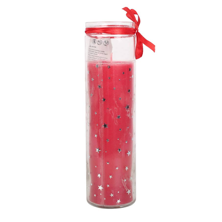 The Candle: Red Vanilla Christmas Advent Tube Candle, featuring a tall cylindrical shape adorned with white stars, is made from vegan paraffin wax. It is wrapped in clear plastic and elegantly tied with a red ribbon at the top.