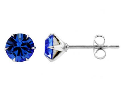 Earrings: September Sapphire Sparkling Speck Swarovski® Crystal Stud Earrings—minimalist silver studs with round blue gemstones, shown from front and side angles, ideal for Swarovski crystal earring lovers.