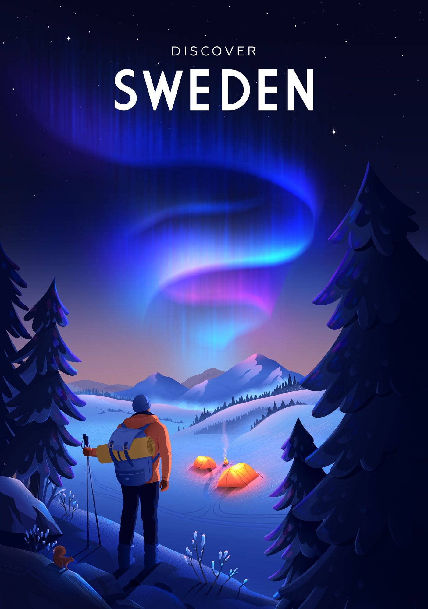 A person with a backpack stands in a snowy landscape, mesmerized by the aurora borealis above tents nestled in a forest. Experience this enchanting scene on the "Discover Sweden" postcard from Come to Sweden, measuring 7.25" x 4.65".