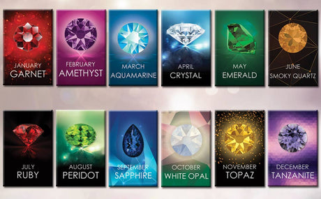 Twelve gemstone illustrations labeled by month—Garnet, Amethyst, Aquamarine, Crystal, Emerald, Smoky Quartz, Ruby, Peridot, Sapphire, White Opal (October), Topaz, Tanzanite—inspire our October White Opal Swarovski® Crystal stud earrings.