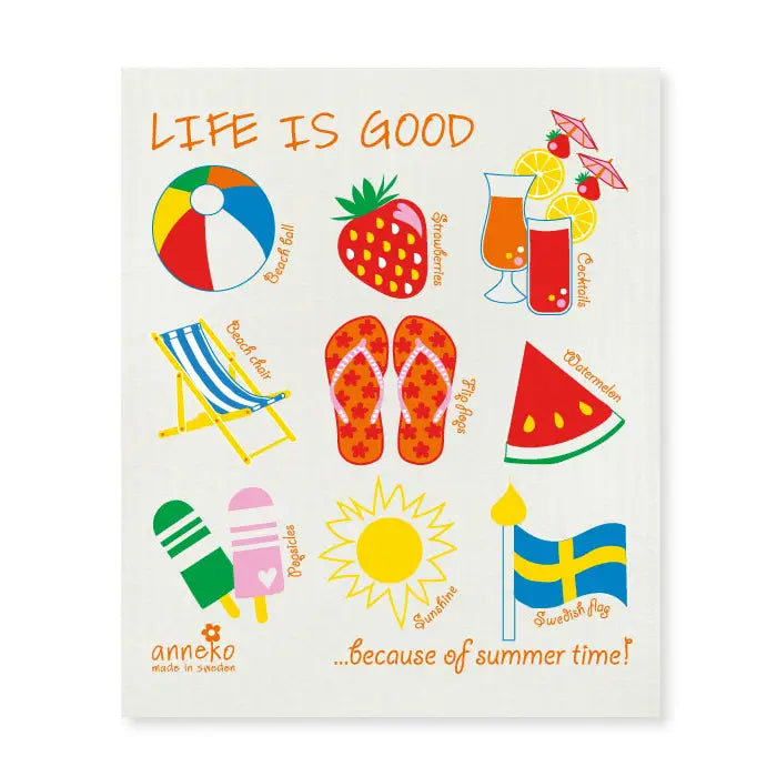 Illustration of summer essentials: beach ball, strawberries, cocktails, deck chair, flip-flops, watermelon, popsicles, sun, Swedish flag. Text reads Life is Good... because of summer time! Featuring eco-friendly Swedish dishcloths named Life is Good Because of Summer Time! to keep your summer clean and green.