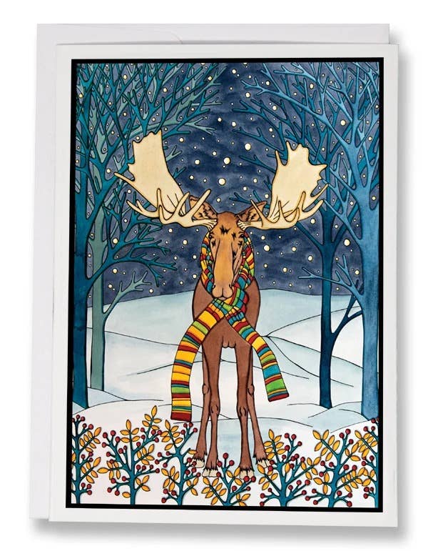 Card: Holiday Moose by Sarah Angst features a moose in a colorful striped scarf, standing in a snowy nighttime forest with falling snow and bare trees. This 5x7 greeting card comes with an envelope and is blank inside.