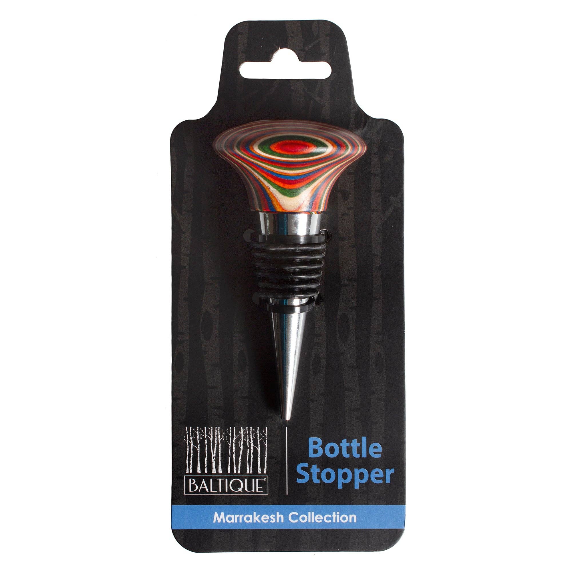 The Bottle Stopper from the Marrakesh Collection features a vibrant, layered design on top and includes air-tight silicone rings to preserve the freshness of your beverages.