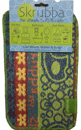 The Scrubbie: Skrubba XL Scrub Cloth comes in packaging for kitchen, bathroom, and more. This eco-friendly, abrasive yet scratch-free cloth includes instructions to clean with warm water and soap.
