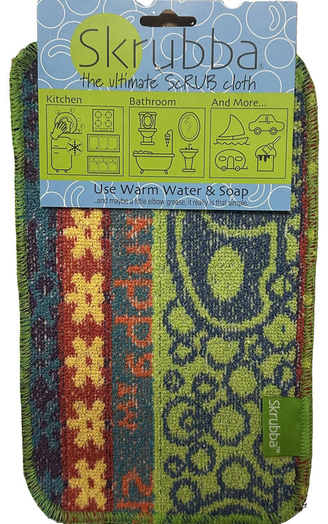 The Scrubbie: Skrubba XL Scrub Cloth comes in packaging for kitchen, bathroom, and more. This eco-friendly, abrasive yet scratch-free cloth includes instructions to clean with warm water and soap.