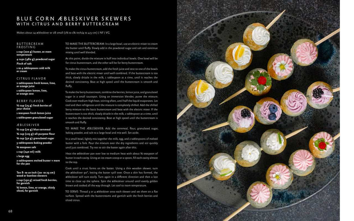 Round, decorated pastries like æbleskiver are arranged on a dark plate, topped with colorful frosting and fruit. On the left, recipe text from Book: Aebleskiver by Pim Pauline Overgaard invites you to try Danish pancakes with a modern twist.