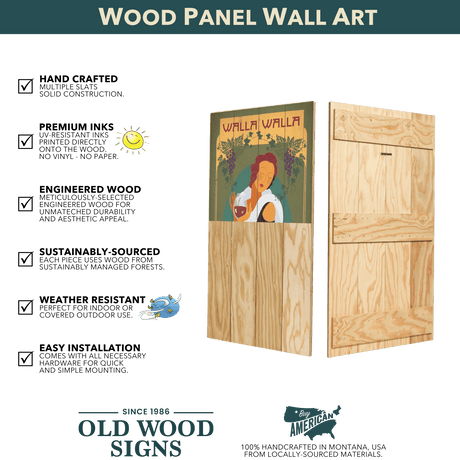 The "Creatures Great and Small" Wood Panel Wall Art (17" x 23") features a vibrant Walla Walla motif with a woman, handcrafted for durability, water resistance, easy installation, and pairs well with woodland animal wall decor.