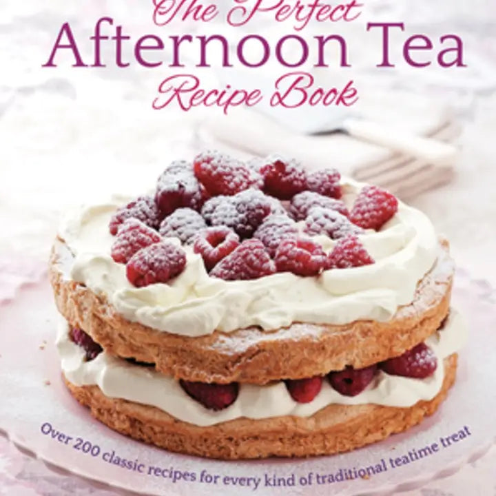 The cover of Book: The Perfect Afternoon Tea Recipe Book: 200 Classic Recipes features a layered cake with cream and raspberries, showcasing more than 200 recipes ideal for traditional afternoon tea treats.