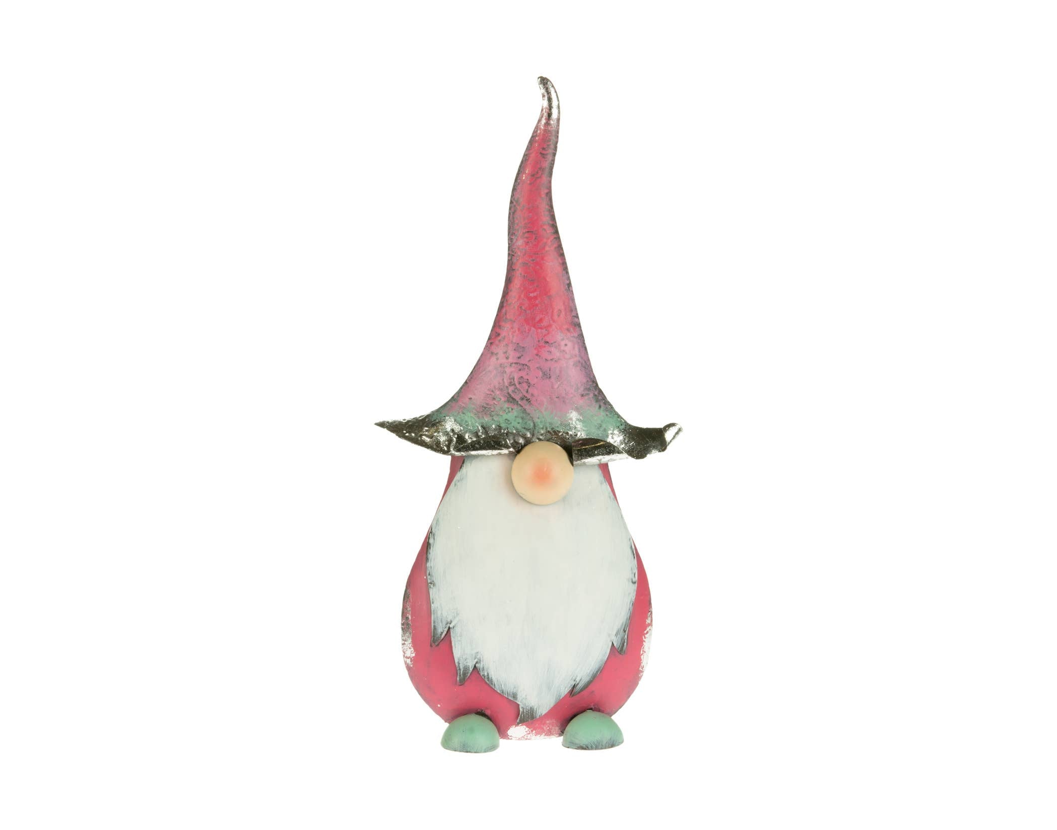 A charming 14.5 hand-painted metal gnome, featuring a fuchsia hat and coat, a white beard, and green boots, stands on a clean white background.