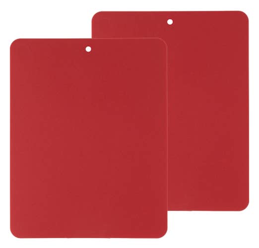 The BENDY Flex Board Pack of 2 in Red, featuring red rectangular flexible cutting boards with rounded corners and small top-center holes, is perfect for reducing cross-contamination in your kitchen.