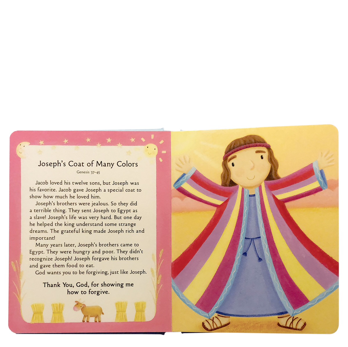 An illustration in the Book: Baby's First Bible Stories Keepsake Board Book depicts Joseph in a colorful coat with arms outstretched, alongside a page that summarizes the biblical story of Joseph’s coat of many colors.