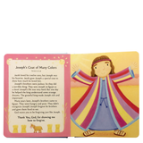 The "Book - Baby's First Bible Stories 12 Favorite Stories Board Book" introduces toddlers to Joseph’s colorful coat with bright illustrations and simple text, bringing baby Bible stories alive for young readers.