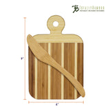 Striped Paddle Serving and Cutting Board accompanied by a sleek spreader knife on top. Dimensions: 9 inches by 6 inches.