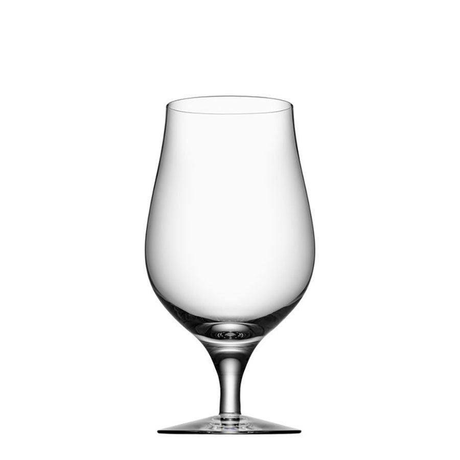 An elegant, tulip-shaped Orrefors 16oz beer taster glass stands on a stem against a white background, ideal for sampling brews. Available in a 4-pack.