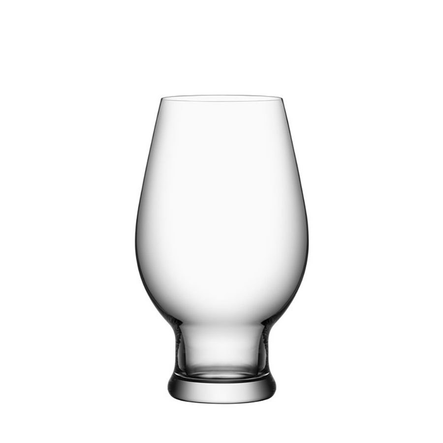 The Orrefors: Beer IPA 15.5oz glass, designed by Erika Lagerbielke, features a clear, stemless tulip shape with a round base, ideal for sipping whiskey.