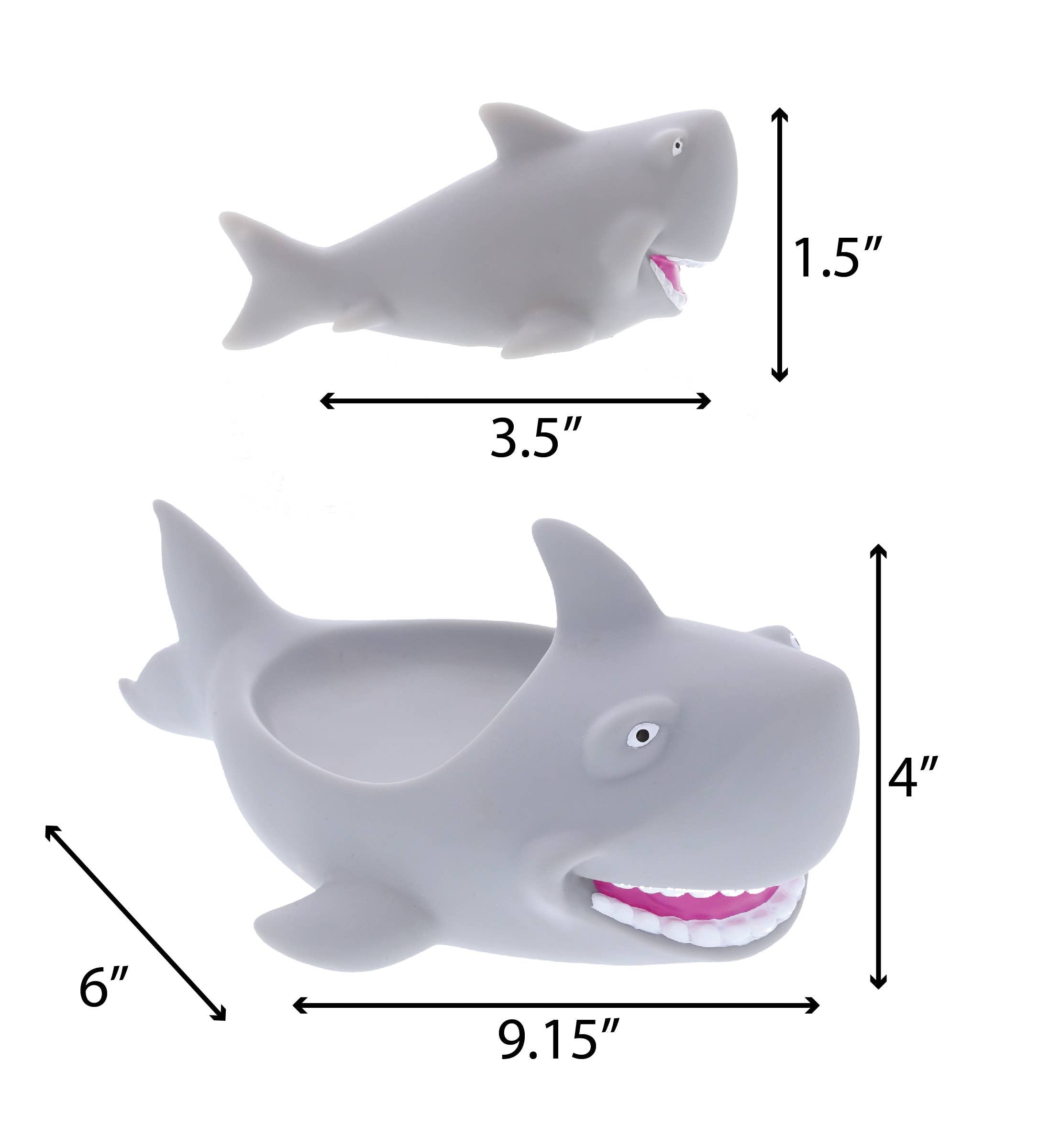 The Bath Toy: Family Bath Buddies - Grey Shark includes two gray sharks with open mouths and visible teeth—one 3.5" long, 1.5" tall; the other 9.15" long, 6" wide, 4" tall—ideal as a playful family bath set or fun squirters.