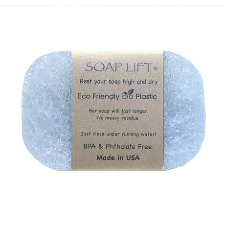 The Soap Lift: The Original Soap Lift Soap Saver - Crystal is made from eco-friendly bioplastic, ensuring no messy residue. Its BPA and phthalate-free, crafted in the USA, and helps your soap stay dry and last longer.