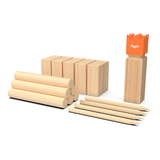 The Kubb Champions Series Yard Game Viking Chess Game includes rectangular and cylindrical pieces, four stakes, and a crowned king—ideal for backyard fun and classic strategic play.