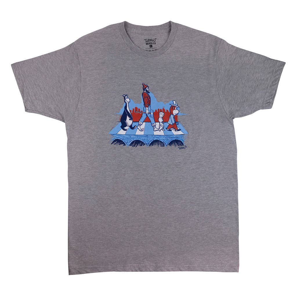 The Tee: MN Abbey Road T-Shirt Gray is a unisex tee with four cartoon penguins on a blue and white striped crosswalk, inspired by the iconic Abbey Road design.
