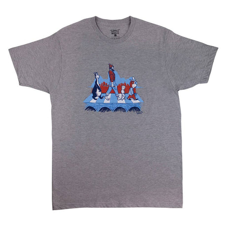 The Tee: MN Abbey Road T-Shirt Gray by Adam Turman (XL) features four cartoon characters crossing a crosswalk, inspired by the Beatles’ Abbey Road and showcasing a unique Minnesota-themed graphic.