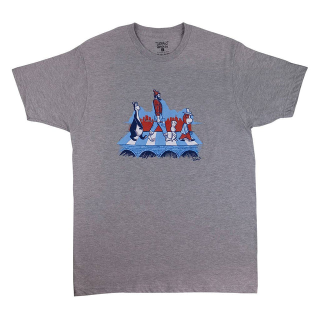 The Tee: MN Abbey Road T-Shirt Gray by Adam Turman (XL) features four cartoon characters crossing a crosswalk, inspired by the Beatles’ Abbey Road and showcasing a unique Minnesota-themed graphic.