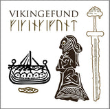 An illustration features a Viking ship with a warrior, sword, intricate runes, and Vikingefund highlighted above, embodying Danish history. Part of the Card Pack: Viking Finds Square Card Folder by Koustrup & Co - Denmark, it includes 8 unique cards with envelopes.
