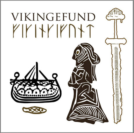 An illustration features a Viking ship with a warrior, sword, intricate runes, and Vikingefund highlighted above, embodying Danish history. Part of the Card Pack: Viking Finds Square Card Folder by Koustrup & Co - Denmark, it includes 8 unique cards with envelopes.
