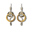 Pair of Hematite Two Tone Fish-hook Earrings with gold and silver circular and spiral elements, plus small bead and teardrop accents, displayed on a white background.
