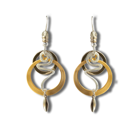 Pair of Hematite Two Tone Fish-hook Earrings with gold and silver circular and spiral elements, plus small bead and teardrop accents, displayed on a white background.