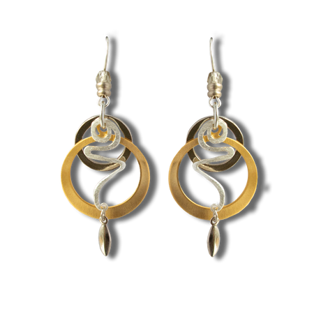 Pair of Hematite Two Tone Fish-hook Earrings with gold and silver circular and spiral elements, plus small bead and teardrop accents, displayed on a white background.