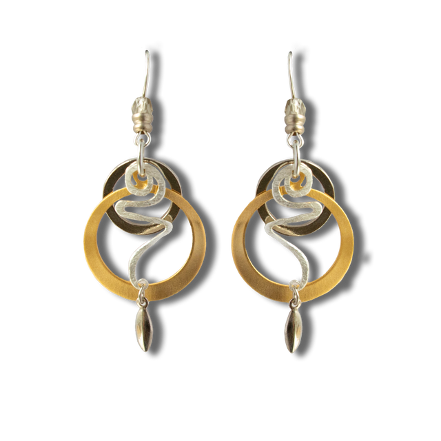 Pair of Hematite Two Tone Fish-hook Earrings with gold and silver circular and spiral elements, plus small bead and teardrop accents, displayed on a white background.