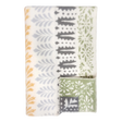 Folded wool blanket with yellow, gray, and green leaf patterns on white; a corner is turned to show the reverse side. Scandinavian design by Kerstin Landström.
