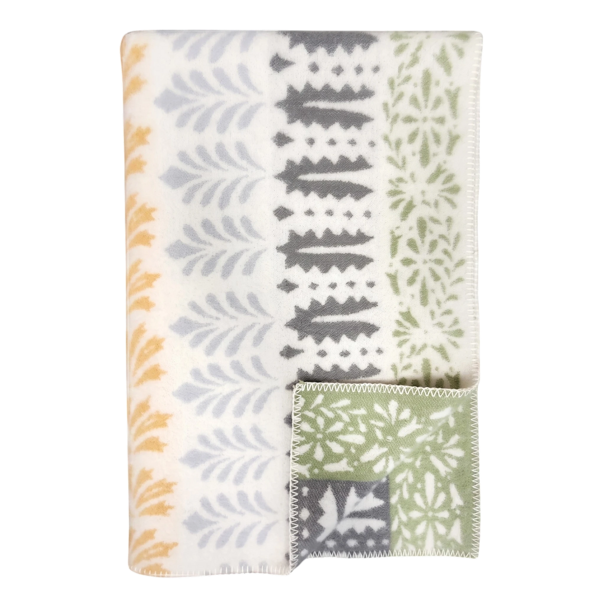 Folded wool blanket with yellow, gray, and green leaf patterns on white; a corner is turned to show the reverse side. Scandinavian design by Kerstin Landström.