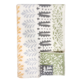 Folded wool blanket with yellow, gray, and green leaf patterns on white; a corner is turned to show the reverse side. Scandinavian design by Kerstin Landström.