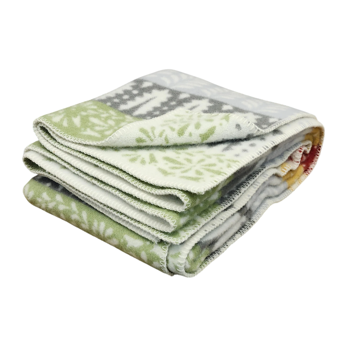 Folded Swedish design blanket featuring a green, gray, and white snowflake pattern on a plain white background.